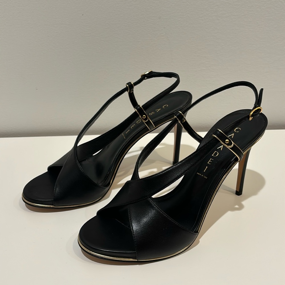Casadei Nero Peplum Black and Gold Leather Pumps Size 8.5